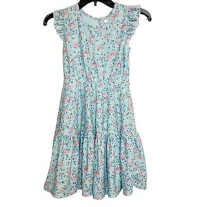 Tahari‎ Girl Floral Print Dress Ruffle Sleeves Tiered Size 10 Blue Pink
